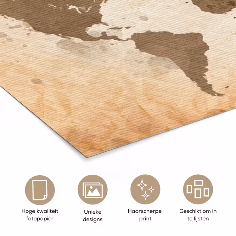 Wereldkaart - Beige - Bruin poster papier klein -closeup_NL