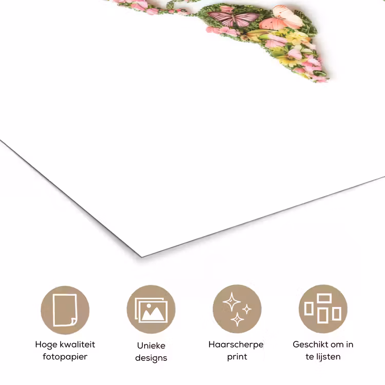 Wereldkaart - Bloemen - Felgekleurd poster papier klein -closeup_NL