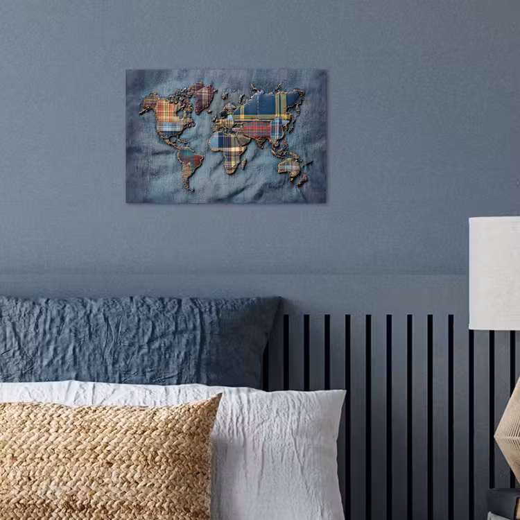 Wereldkaart - Denim - Textiel poster papier klein -sfeer2