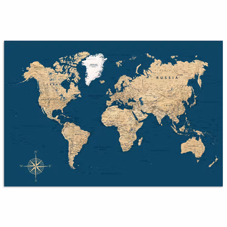 Wereldkaart - Donkerblauw - Beige poster papier klein -3d