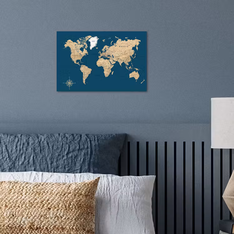 Wereldkaart - Donkerblauw - Beige poster papier klein -sfeer2