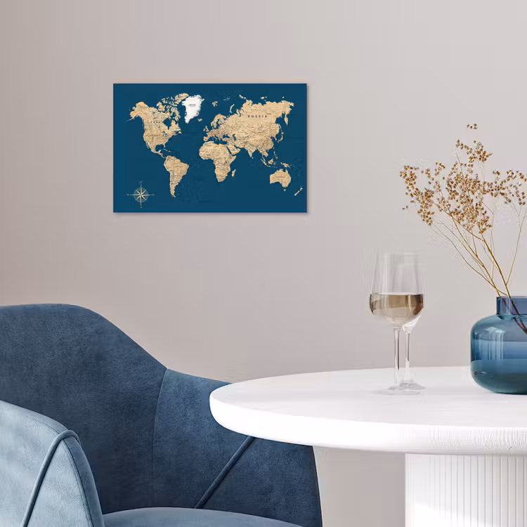 Wereldkaart - Donkerblauw - Beige poster papier klein -sfeer3