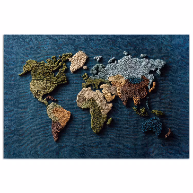 Wereldkaart - Geborduurd - Verschillende tinten poster papier klein -3d