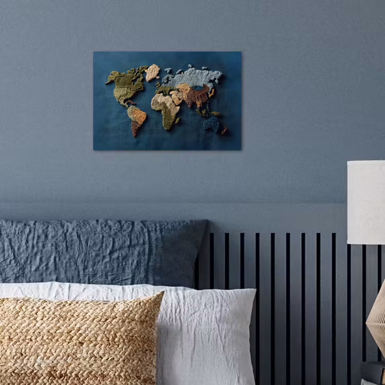Wereldkaart - Geborduurd - Verschillende tinten poster papier klein -sfeer2