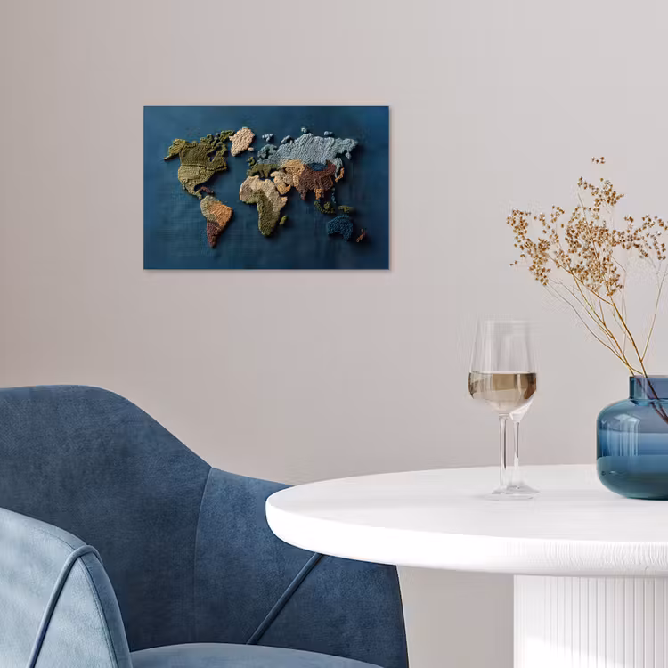 Wereldkaart - Geborduurd - Verschillende tinten poster papier klein -sfeer3