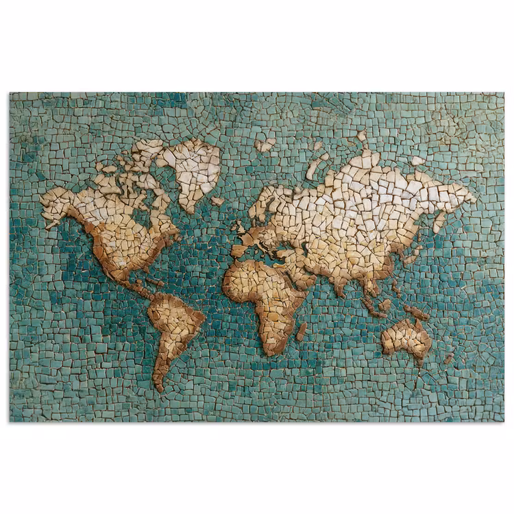 Wereldkaart - Gebroken tegels - Mozaïek poster papier klein -3d