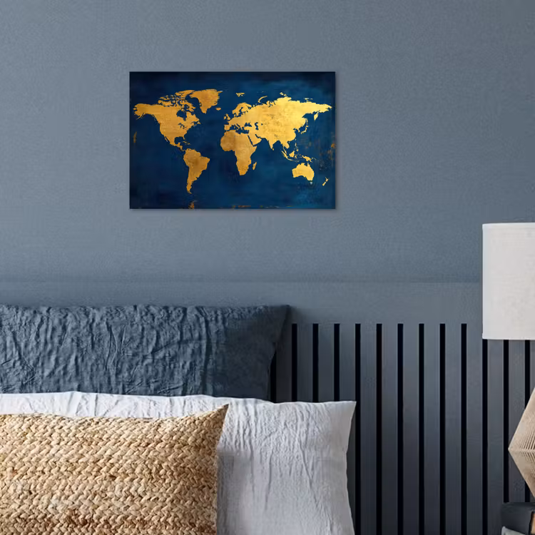Wereldkaart - Goud - Donkerblauw poster papier klein -sfeer2