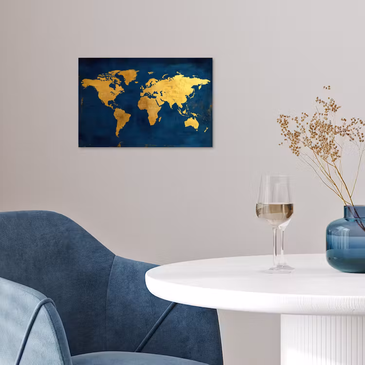 Wereldkaart - Goud - Donkerblauw poster papier klein -sfeer3