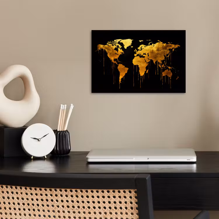 Wereldkaart - Goud - Druipen - Zwart poster papier klein -sfeer1