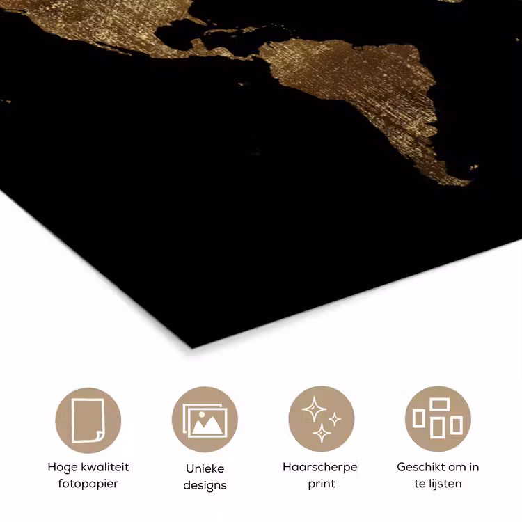 Wereldkaart - Goud - Luxe - Aarde - Zwart poster papier klein -closeup_NL