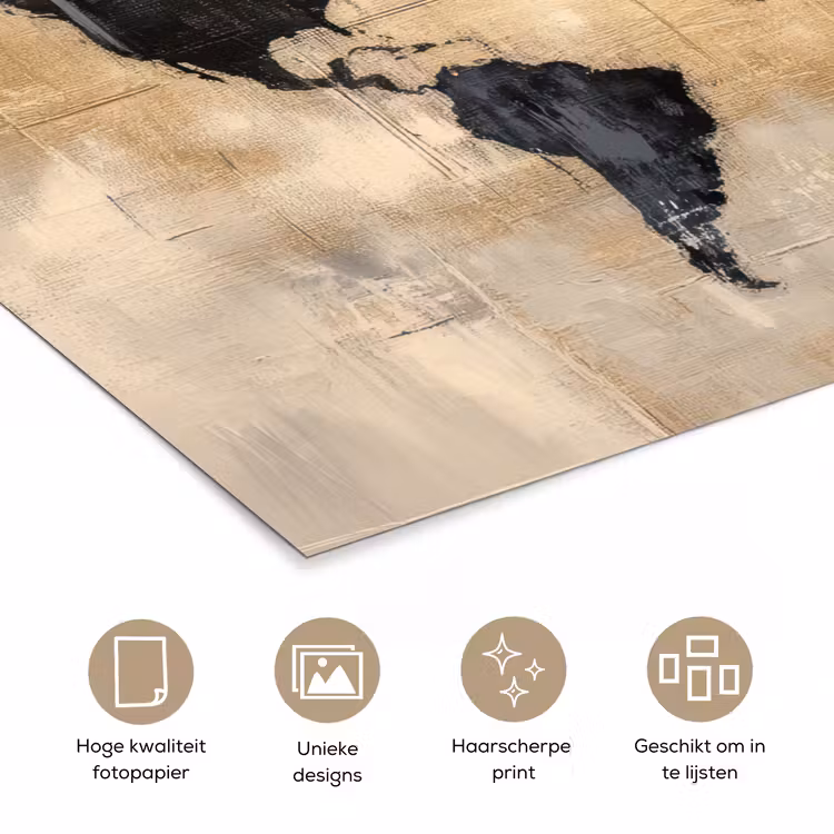 Wereldkaart - Goud - Zwart - Abstract poster papier klein -closeup_NL
