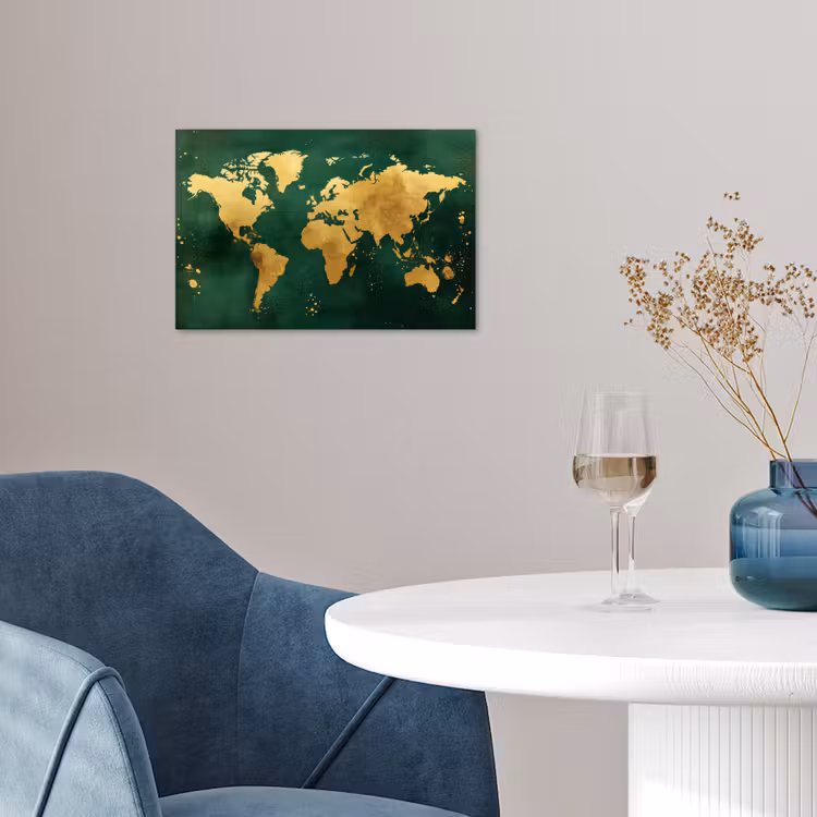 Wereldkaart - Groen - Goud poster papier klein -sfeer3