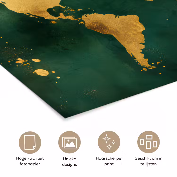 Wereldkaart - Groen - Goud poster papier klein -closeup_NL