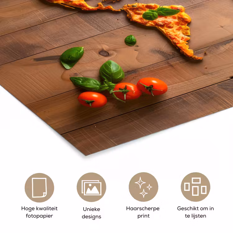 Wereldkaart - Pizza - Houten ondergrond poster papier klein -closeup_NL