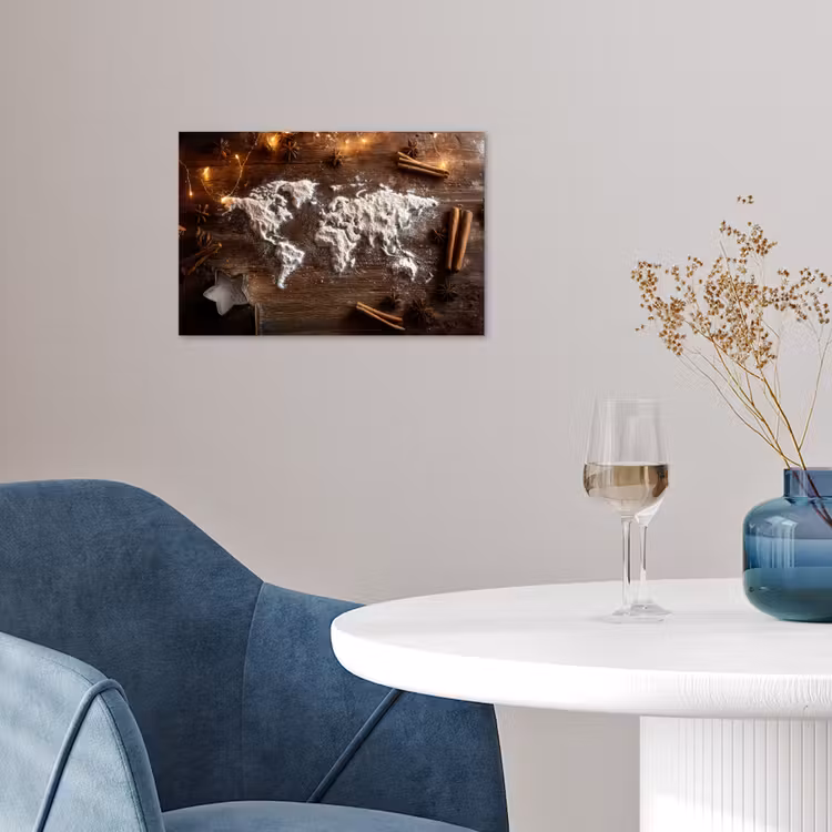 Wereldkaart - Poedersuiker - Hout poster papier klein -sfeer3