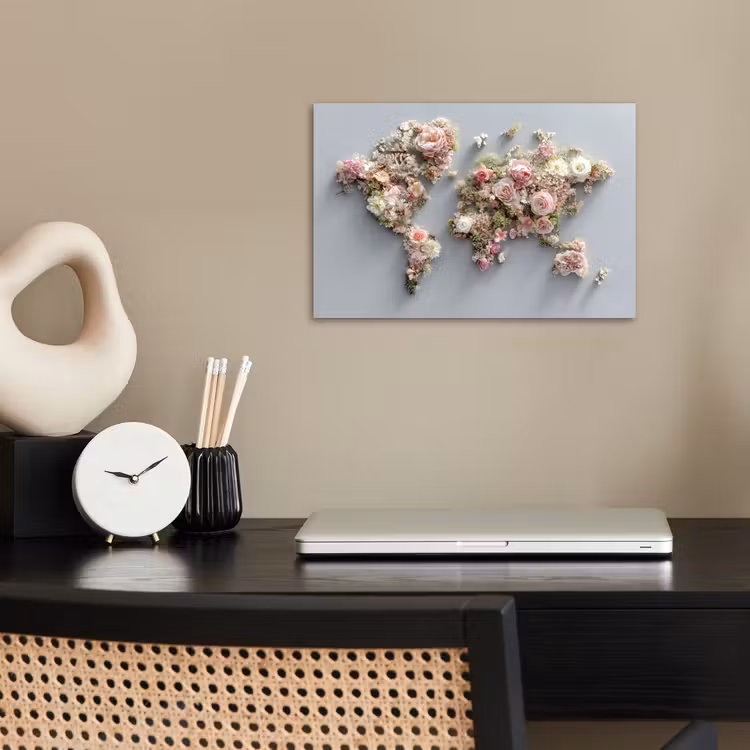 Wereldkaart - Rozen - Roze poster papier klein -sfeer1