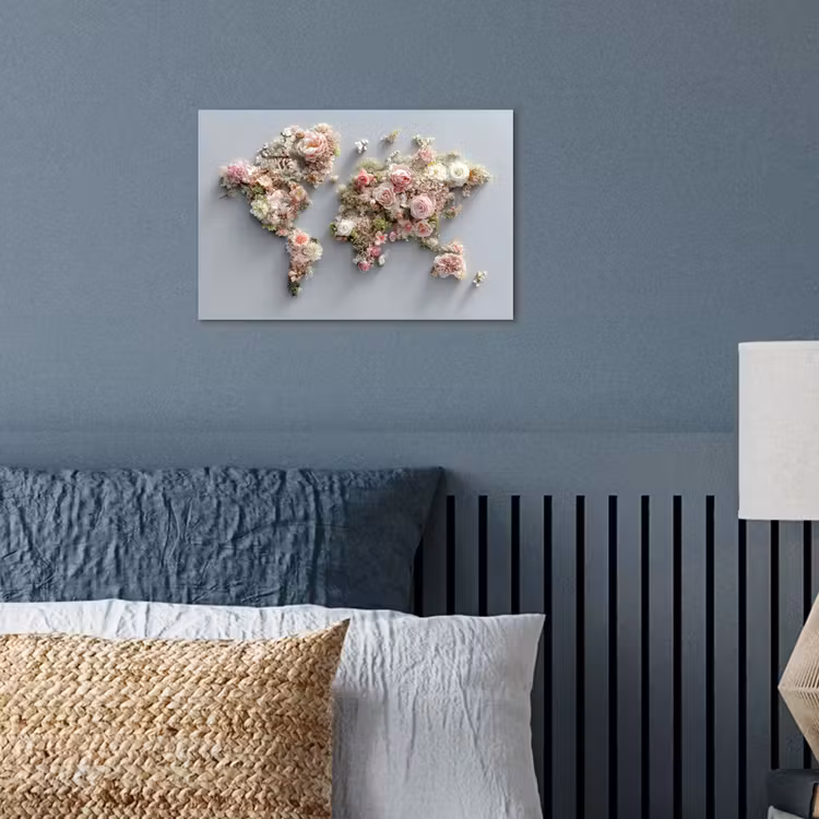 Wereldkaart - Rozen - Roze poster papier klein -sfeer2