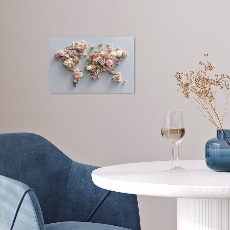 Wereldkaart - Rozen - Roze poster papier klein -sfeer3