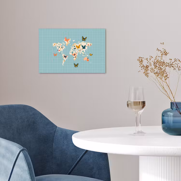Wereldkaart - Vlinders - Dromerig poster papier klein -sfeer3