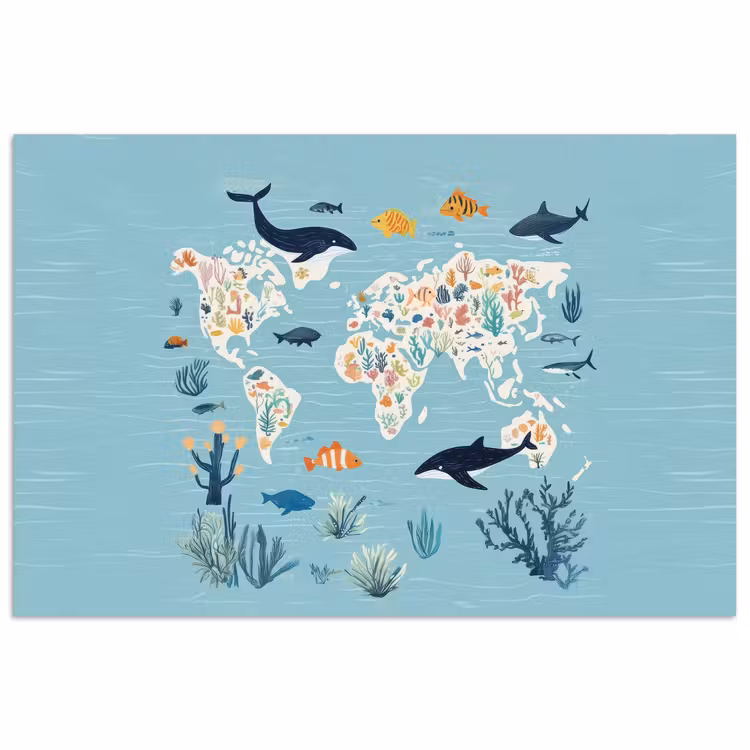 Wereldkaart - Zeeleven - Blauw poster papier klein -3d