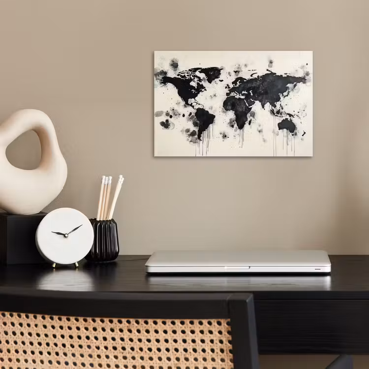 Wereldkaart - Zwart - Inkt poster papier klein -sfeer1