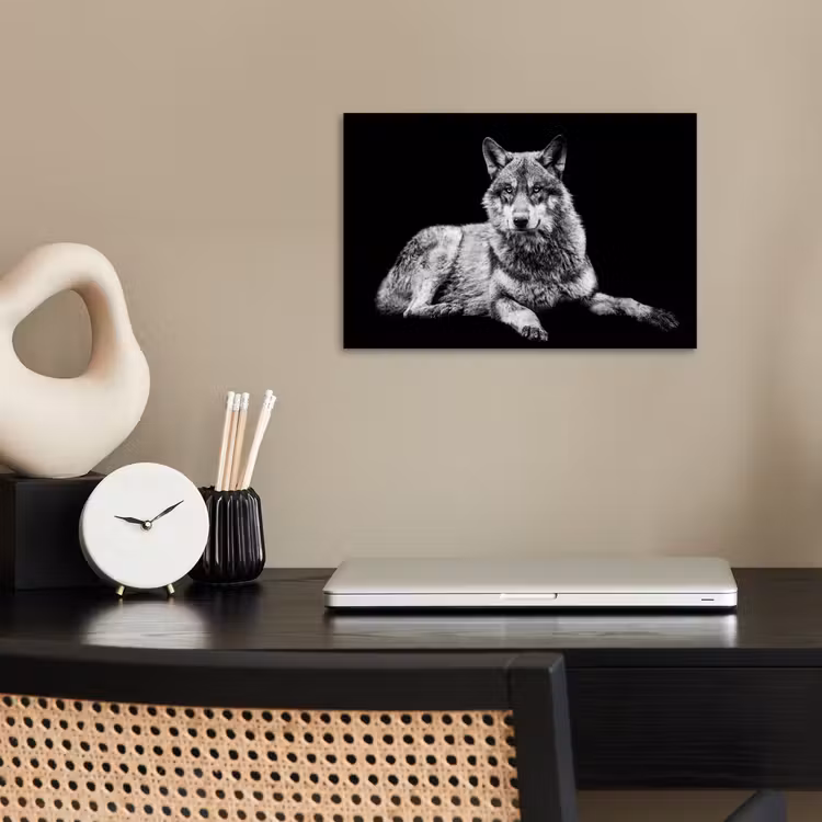 Wilde dieren - Wolf - Zwart - Wit poster papier klein -sfeer1