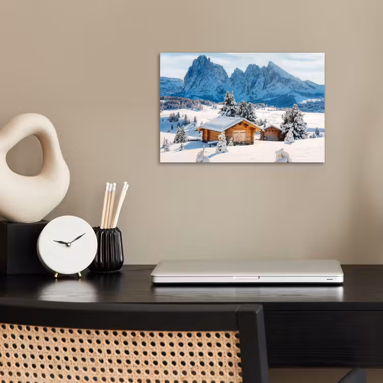 Winter - Huisje - Bergen - Uitzicht - Sneeuw poster papier klein -sfeer1