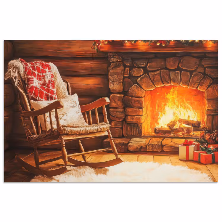 Winter - Kerst - Huis - Openhaard poster papier klein -3d