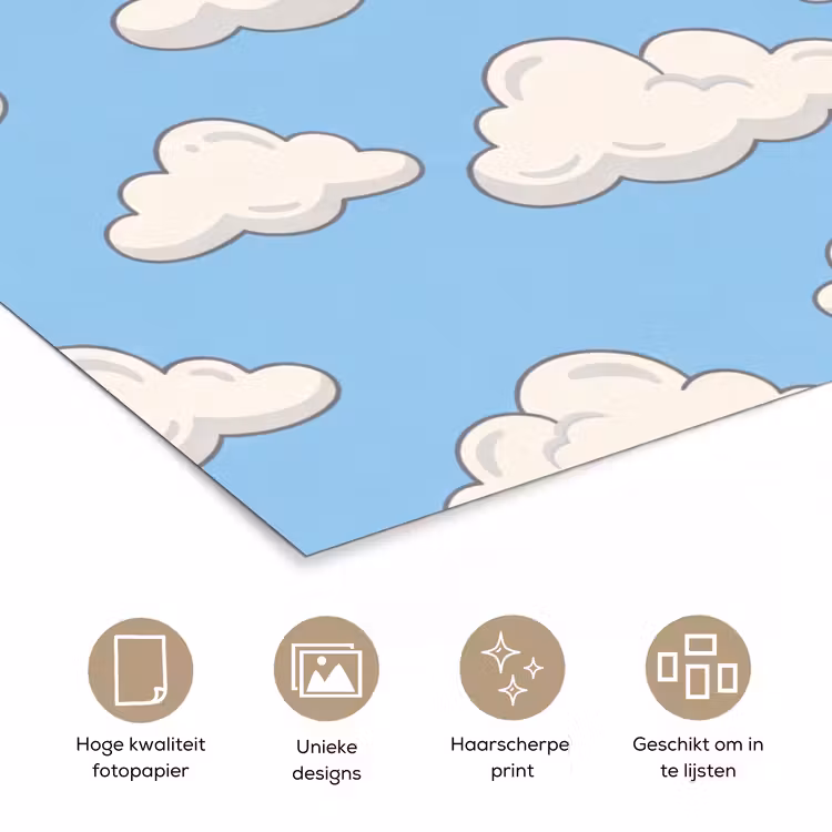 Wolk - Cartoon - Lucht - Blauw - Wit poster papier klein -closeup_NL