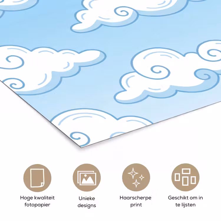 Wolk - Lucht - Cartoon - Blauw - Wit poster papier klein -closeup_NL