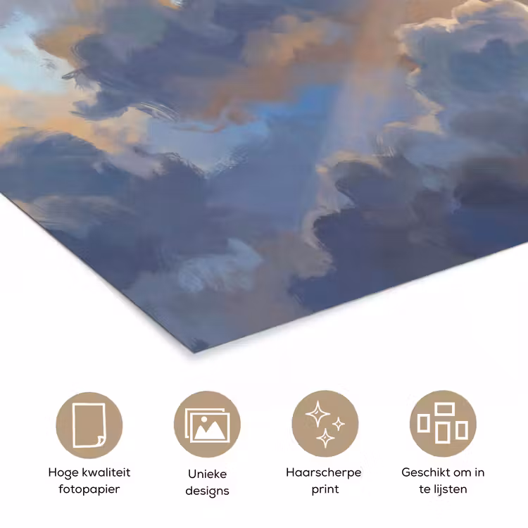 Wolken - Zonnestralen - Natuur - Abstract - Blauw poster papier klein -closeup_NL