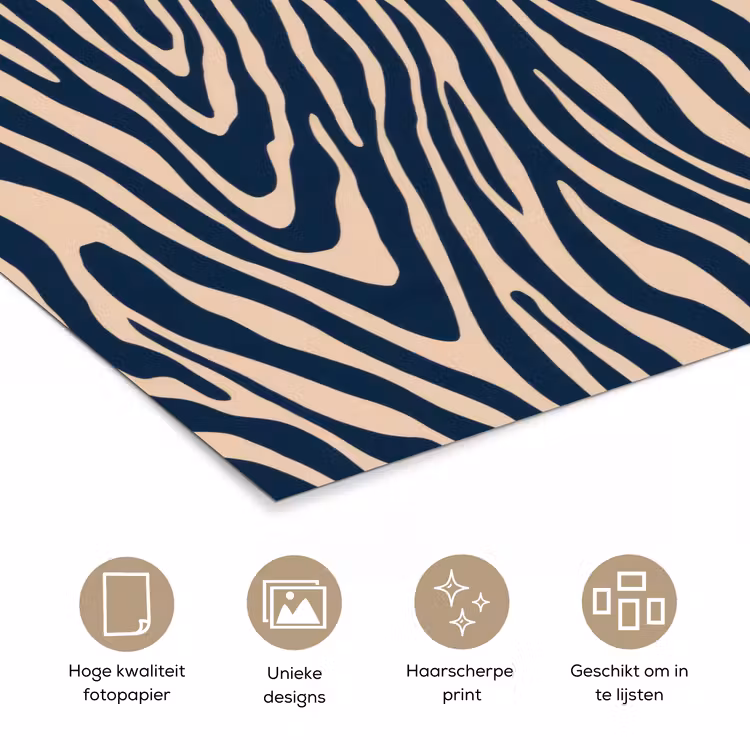 Zebra - Patroon - Blauw - Beige poster papier klein 62 -closeup_NL