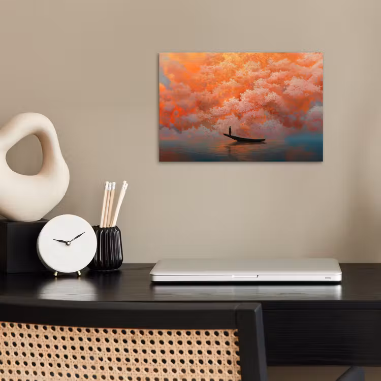 Zee - Boot - Wolken - Oranje poster papier klein -sfeer1