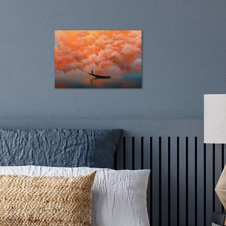 Zee - Boot - Wolken - Oranje poster papier klein -sfeer2