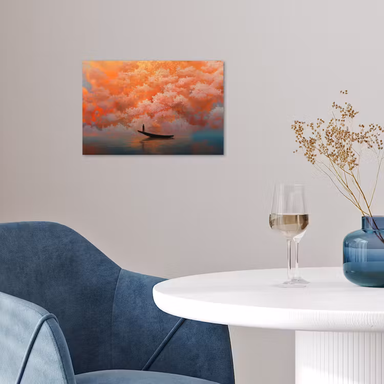 Zee - Boot - Wolken - Oranje poster papier klein -sfeer3