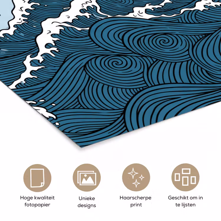 Zee - Golven - Japans - Natuur - Blauw poster papier klein -closeup_NL