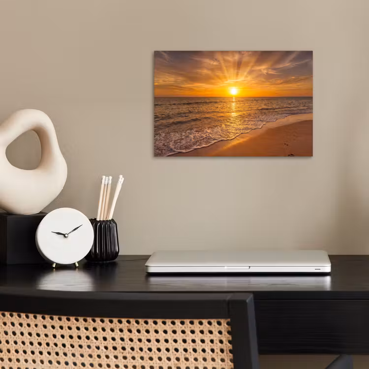 Zee - Zonsondergang - Golven - Kust - Oranje poster papier klein -sfeer1