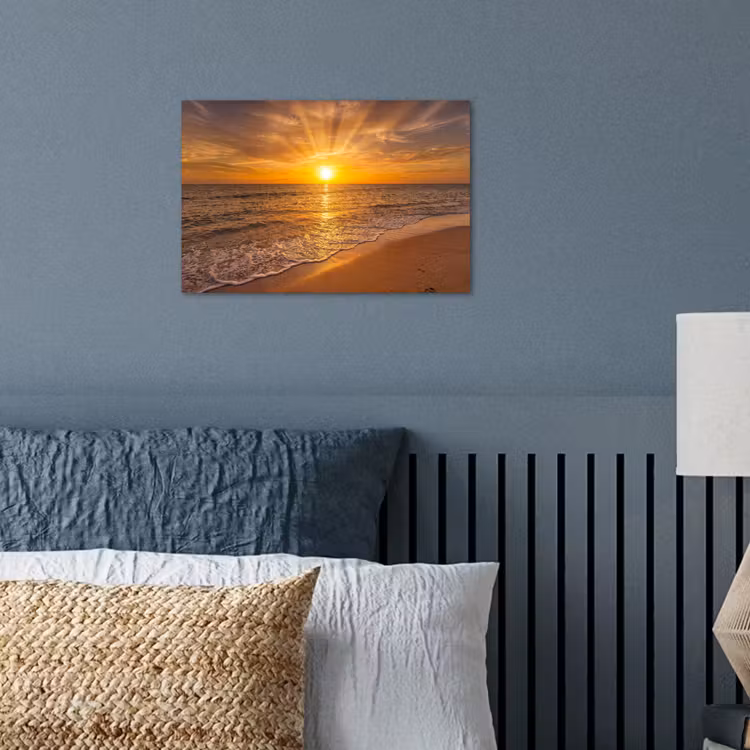 Zee - Zonsondergang - Golven - Kust - Oranje poster papier klein -sfeer2
