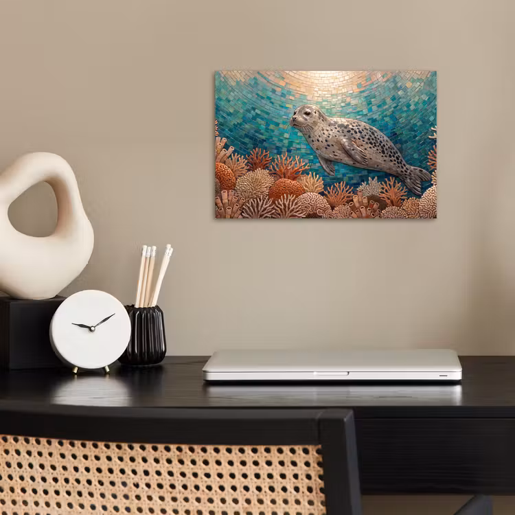 Zeehond - Mozaïek - Onderwater - Dieren - Blauw poster papier klein -sfeer1