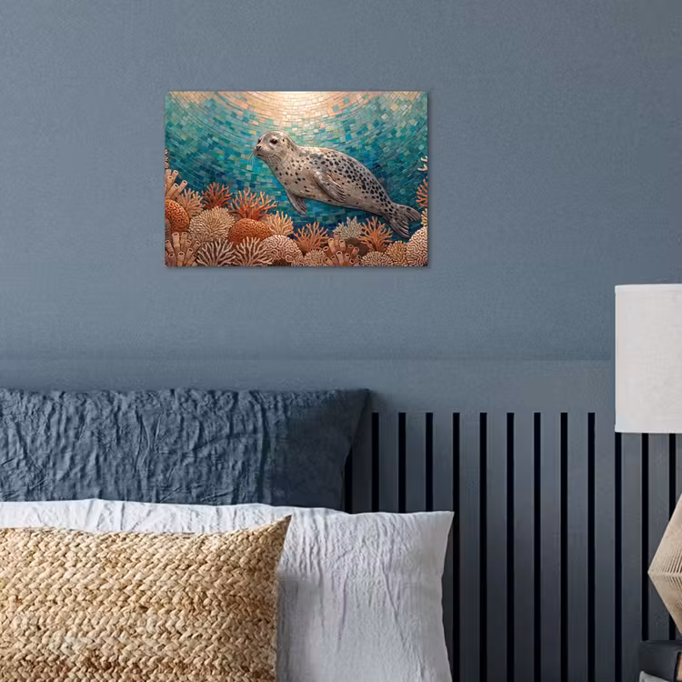 Zeehond - Mozaïek - Onderwater - Dieren - Blauw poster papier klein -sfeer2