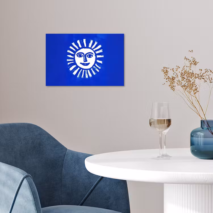Zon - Gezicht - Penseelstructuur - Blauw poster papier klein -sfeer3