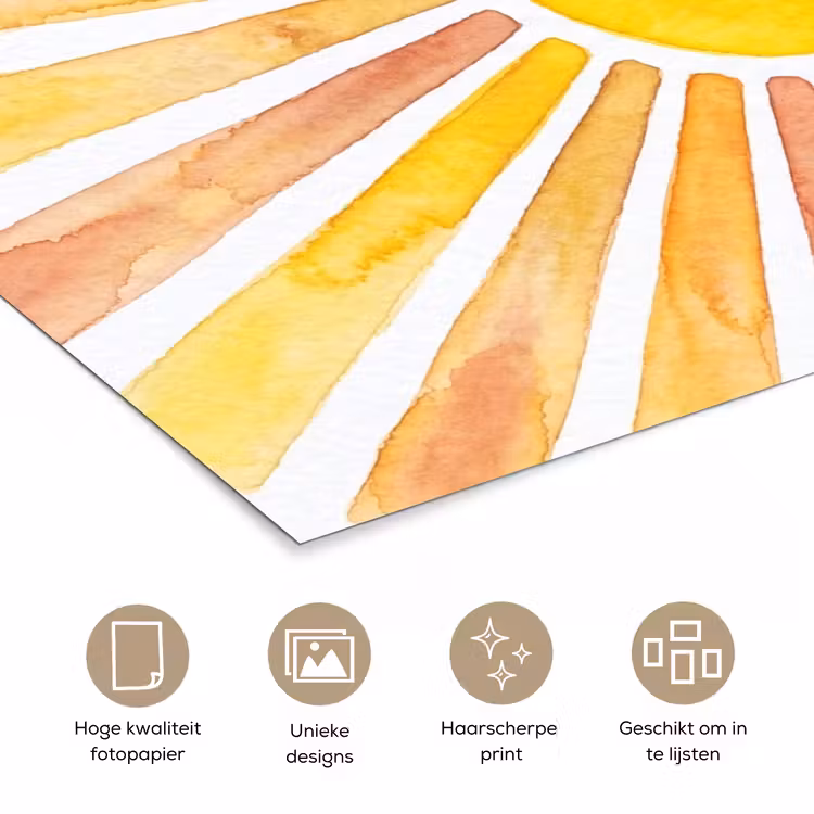 Zon - Stralen - Aquarel - Geel - Abstract poster papier klein -closeup_NL