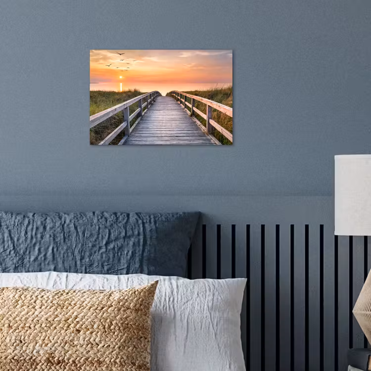 Zonsonderang - Zee - Pad - Gras - Duin - Vogels poster papier klein -sfeer2
