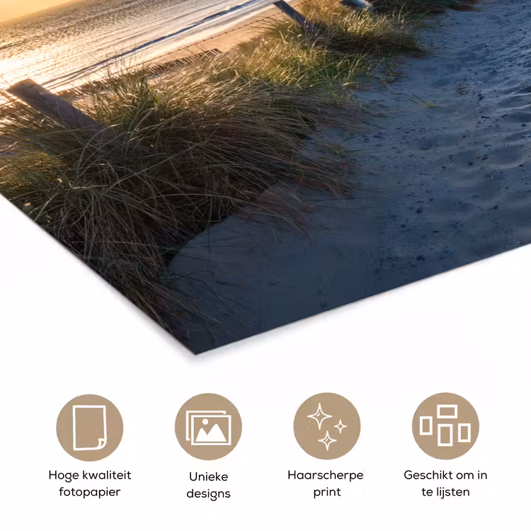 Zonsondergang - Strand - Duin - Gras - Bank poster papier klein -closeup_NL