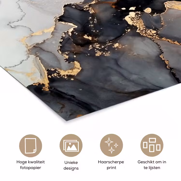 Zwart - Marmer - Luxe - Goud poster papier klein -closeup_NL