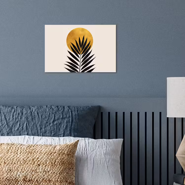 Zwart palmblad - Gouden cirkel - Beige achtergrond poster papier klein -sfeer2