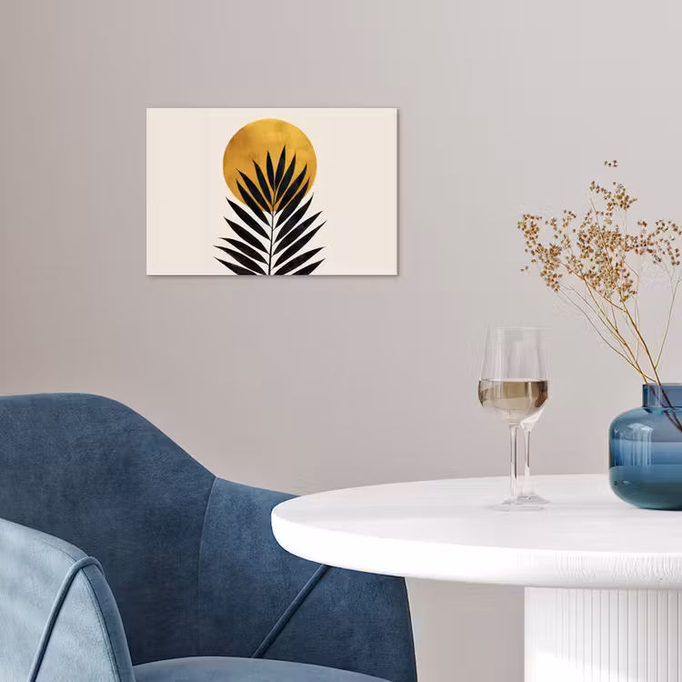 Zwart palmblad - Gouden cirkel - Beige achtergrond poster papier klein -sfeer3
