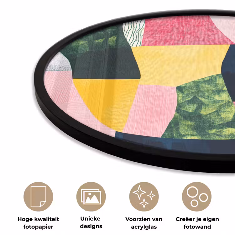 Abstract - Roze - Lappen - Vormen - Geel Fotolijst rond zonder passe partout klein -closeup_NL