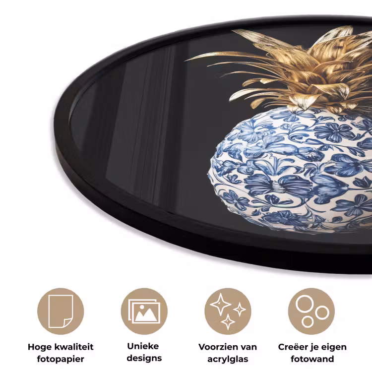 Ananas - Bloemen patroon - Goud - Delftsblauw Fotolijst rond zonder passe partout klein -closeup_NL
