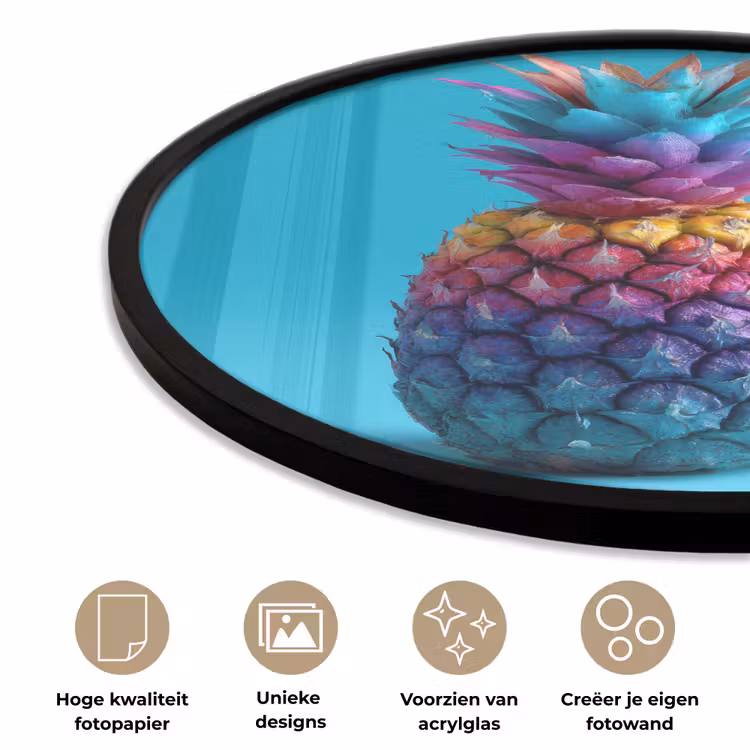 Ananas - Regenboog - Blauw - Popart Fotolijst rond zonder passe partout klein -closeup_NL